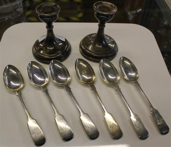 Six silver teaspoons and small pair of candlesticks